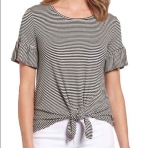 Bobeau Striped Summer Top Ruffle Tie Black White Size M